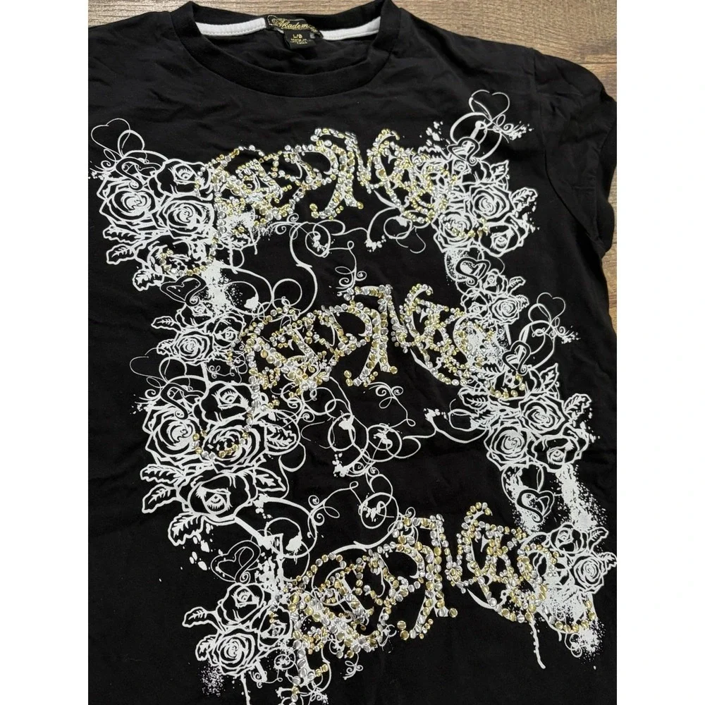 Vintage Y2k Akademiks Studded Baby Top Shirt Black White Large Grunge - Picture 2 of 7